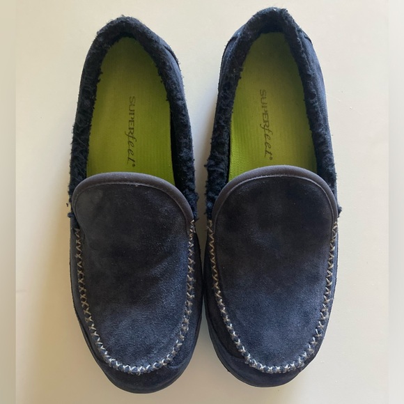 L.L Bean Mountain Slippers Suede Slip-On Fleece Lined Non-Slip Rubber Navy - Picture 2 of 11